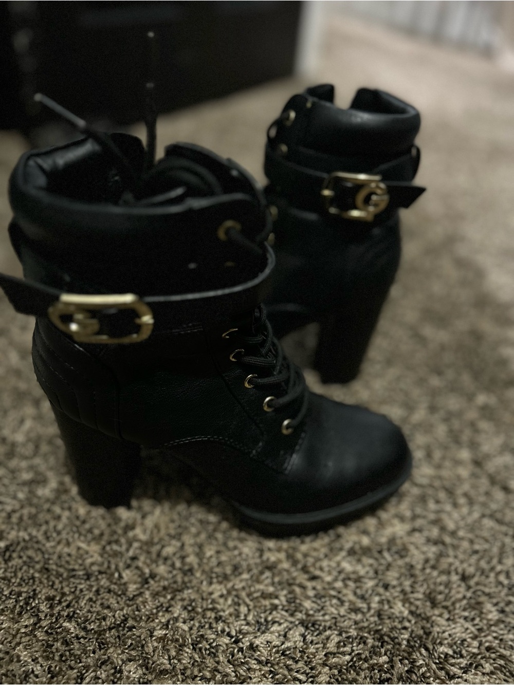 Women's Black Heeled Lace-Up Ankle Boots with Gold Buckle